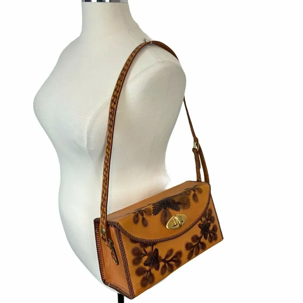 Tooled Leather Purse Handbag Women Handmade Pine Cone Brown Leather 60 70s Retro
